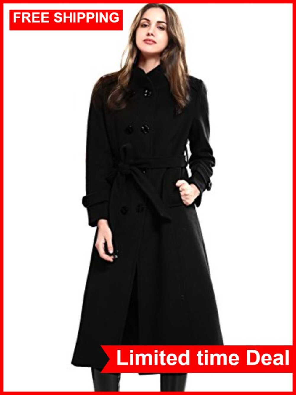Wool Trench Coat Double Breasted Belted Winter Pea Coat